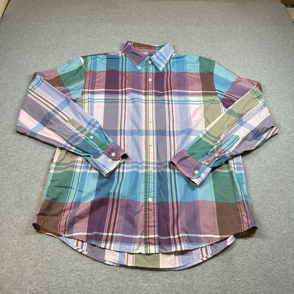Lands End Button Down Shirt Mens L Multicolor Purple Plaid Cotton Long Sleeve